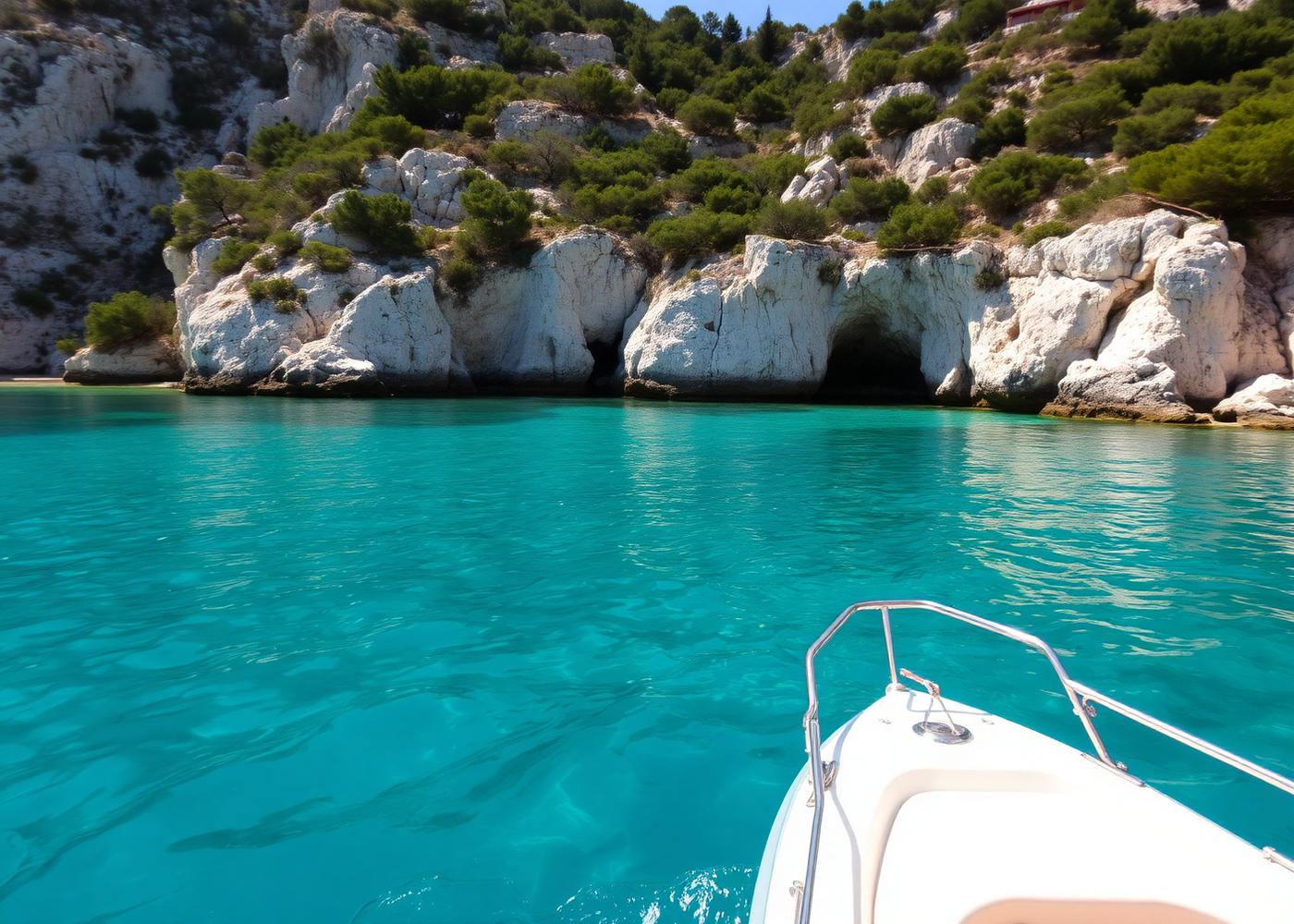 Barco em águas turquesa em Menorca
